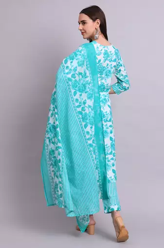 green cotton floral printed & embroidery work kurta with trousers & dupatta set