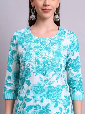 green cotton floral printed & embroidery work kurta with trousers & dupatta set 4