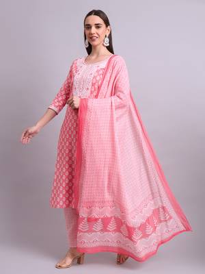 red cotton buti printed & embroidery work kurta with trousers & dupatta set 1
