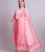 red cotton buti printed & embroidery work kurta with trousers & dupatta set