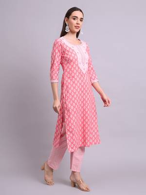 red cotton buti printed & embroidery work kurta with trousers & dupatta set 2