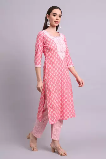 red cotton buti printed & embroidery work kurta with trousers & dupatta set