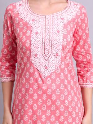 red cotton buti printed & embroidery work kurta with trousers & dupatta set 4