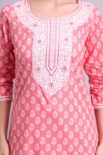 red cotton buti printed & embroidery work kurta with trousers & dupatta set