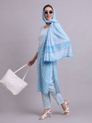 sky blue cotton buti printed & embroidery work kurta with trousers & dupatta set 1