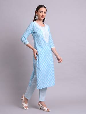 sky blue cotton buti printed & embroidery work kurta with trousers & dupatta set 2