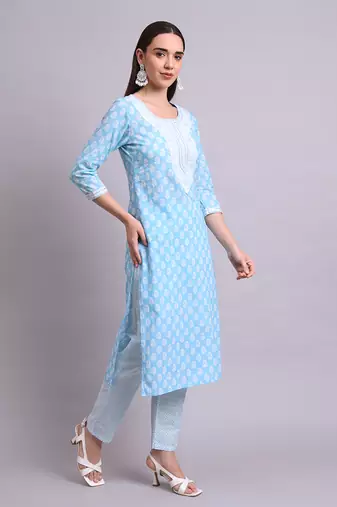 sky blue cotton buti printed & embroidery work kurta with trousers & dupatta set