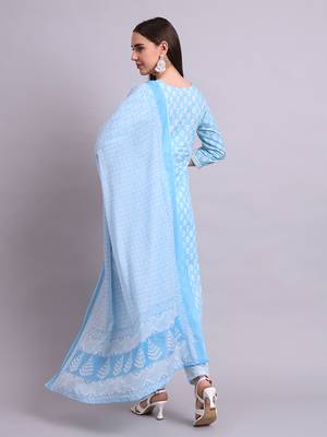 sky blue cotton buti printed & embroidery work kurta with trousers & dupatta set 3