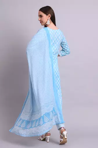 sky blue cotton buti printed & embroidery work kurta with trousers & dupatta set