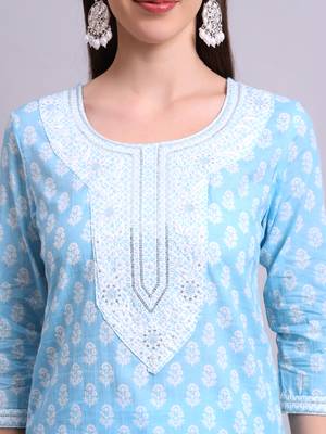 sky blue cotton buti printed & embroidery work kurta with trousers & dupatta set 4