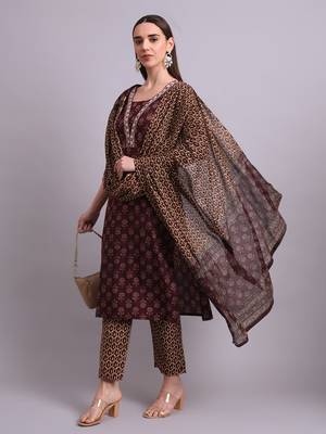 black cotton buti printed & embroidery work kurta with trousers & dupatta set 1