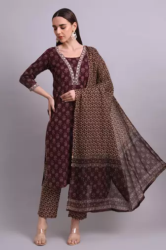 black cotton buti printed & embroidery work kurta with trousers & dupatta set
