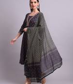 blue cotton buti printed & embroidery work kurta with trousers & dupatta set