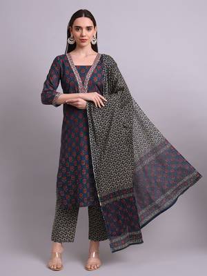 blue cotton buti printed & embroidery work kurta with trousers & dupatta set 2