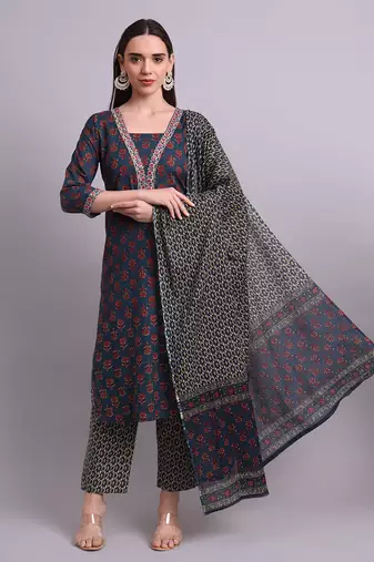 blue cotton buti printed & embroidery work kurta with trousers & dupatta set