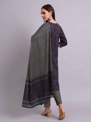 blue cotton buti printed & embroidery work kurta with trousers & dupatta set 3