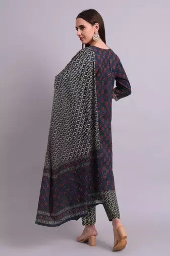 blue cotton buti printed & embroidery work kurta with trousers & dupatta set