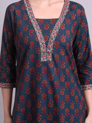 blue cotton buti printed & embroidery work kurta with trousers & dupatta set 4