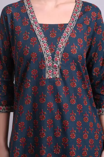 blue cotton buti printed & embroidery work kurta with trousers & dupatta set