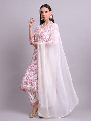 off white rayon floral printed & embroidery work kurta with trousers & dupatta set 1