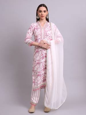 off white rayon floral printed & embroidery work kurta with trousers & dupatta set 2