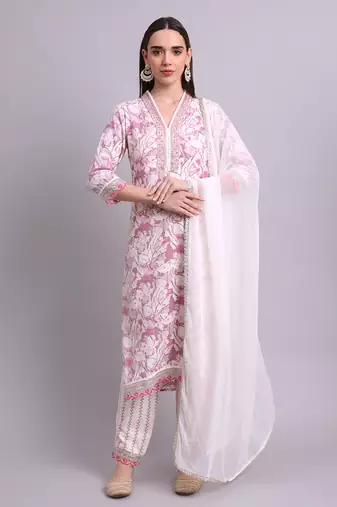 off white rayon floral printed & embroidery work kurta with trousers & dupatta set