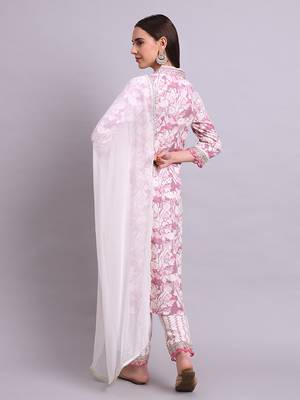 off white rayon floral printed & embroidery work kurta with trousers & dupatta set 3
