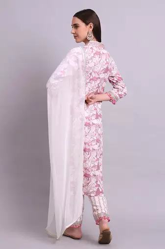off white rayon floral printed & embroidery work kurta with trousers & dupatta set
