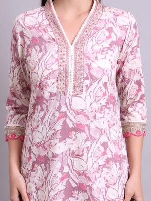 off white rayon floral printed & embroidery work kurta with trousers & dupatta set 4