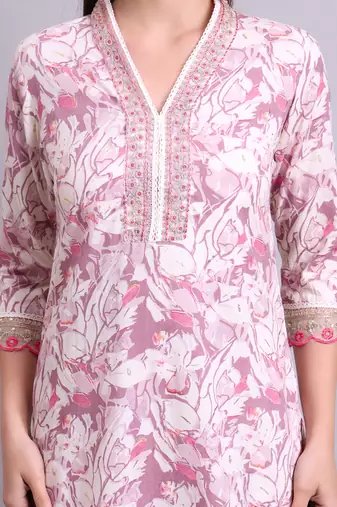off white rayon floral printed & embroidery work kurta with trousers & dupatta set