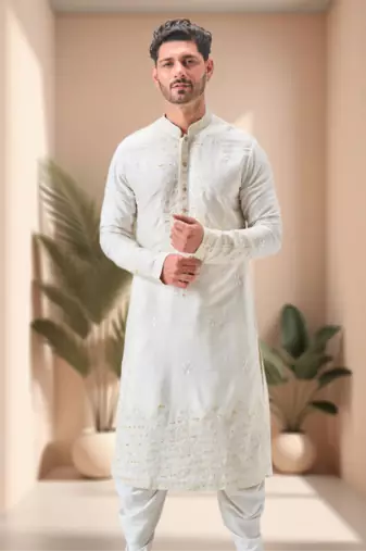 Off white linen embroidery dhoti kurta set