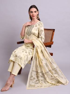 beige cotton floral printed & embroidery work kurta with trousers & dupatta set 1
