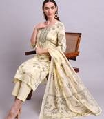 beige cotton floral printed & embroidery work kurta with trousers & dupatta set
