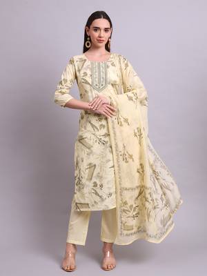 beige cotton floral printed & embroidery work kurta with trousers & dupatta set 2