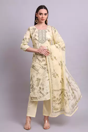 beige cotton floral printed & embroidery work kurta with trousers & dupatta set