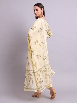 beige cotton floral printed & embroidery work kurta with trousers & dupatta set 3