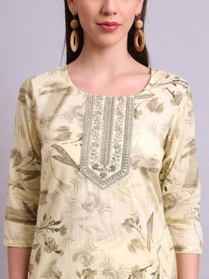 beige cotton floral printed & embroidery work kurta with trousers & dupatta set 4
