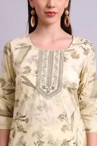 beige cotton floral printed & embroidery work kurta with trousers & dupatta set
