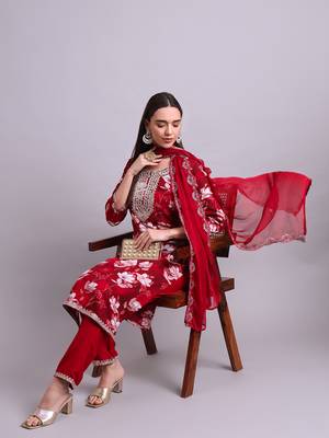 mahroon rayon floral printed & embroidery work kurta with trousers & dupatta set 1