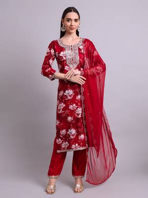 mahroon rayon floral printed & embroidery work kurta with trousers & dupatta set 2