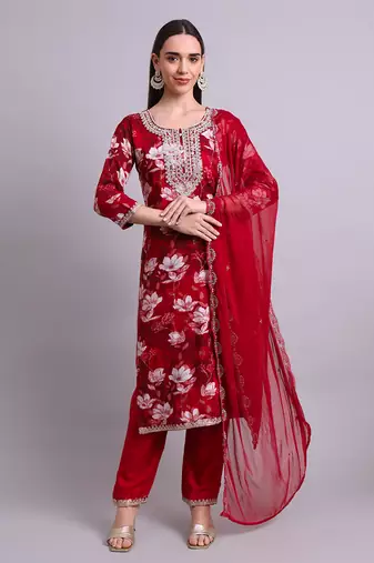 mahroon rayon floral printed & embroidery work kurta with trousers & dupatta set