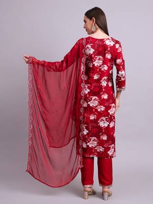 mahroon rayon floral printed & embroidery work kurta with trousers & dupatta set 3