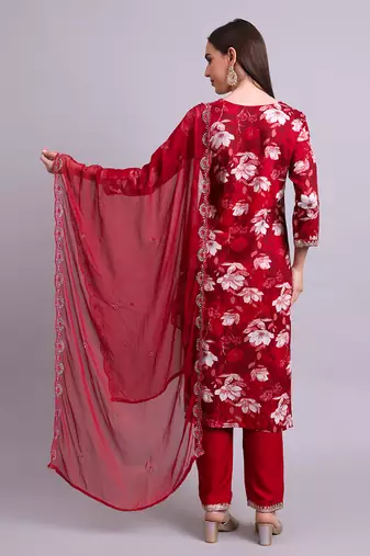 mahroon rayon floral printed & embroidery work kurta with trousers & dupatta set