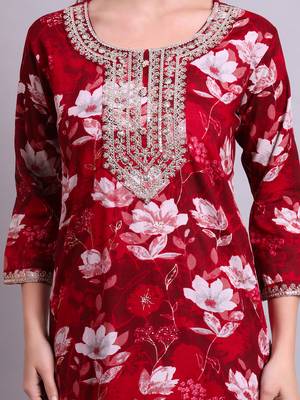 mahroon rayon floral printed & embroidery work kurta with trousers & dupatta set 4