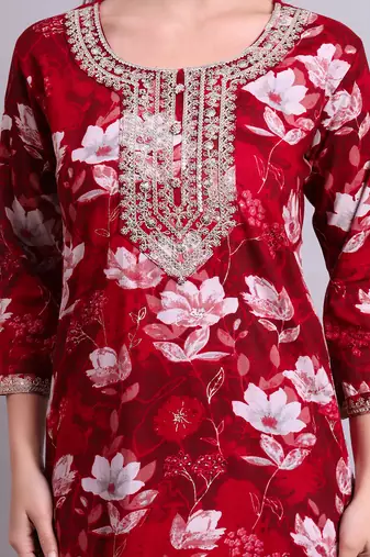 mahroon rayon floral printed & embroidery work kurta with trousers & dupatta set