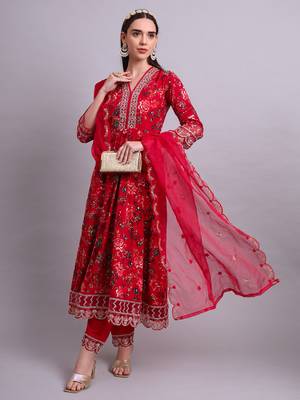 mahroon rayon floral printed & embroidery work anarkali kurta with trousers & dupatta set 1