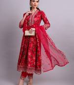mahroon rayon floral printed & embroidery work anarkali kurta with trousers & dupatta set