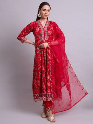 mahroon rayon floral printed & embroidery work anarkali kurta with trousers & dupatta set 2