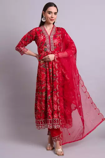 mahroon rayon floral printed & embroidery work anarkali kurta with trousers & dupatta set