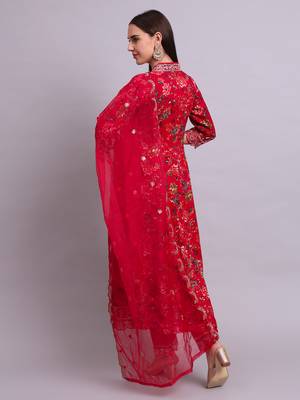 mahroon rayon floral printed & embroidery work anarkali kurta with trousers & dupatta set 3